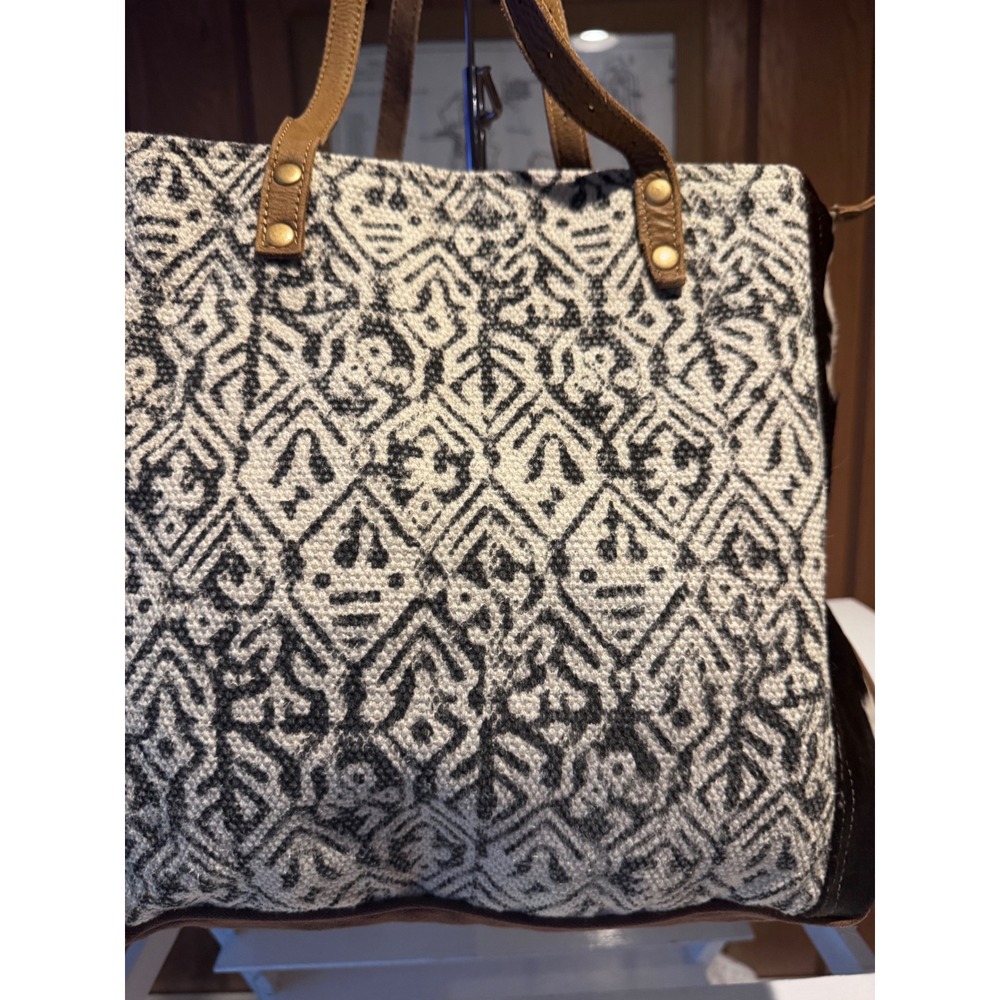 Mycha Bag Boho Cowhide Canvas Geometric Woven Tote Bag Leather Straps Graphic - Picture 2 of 6